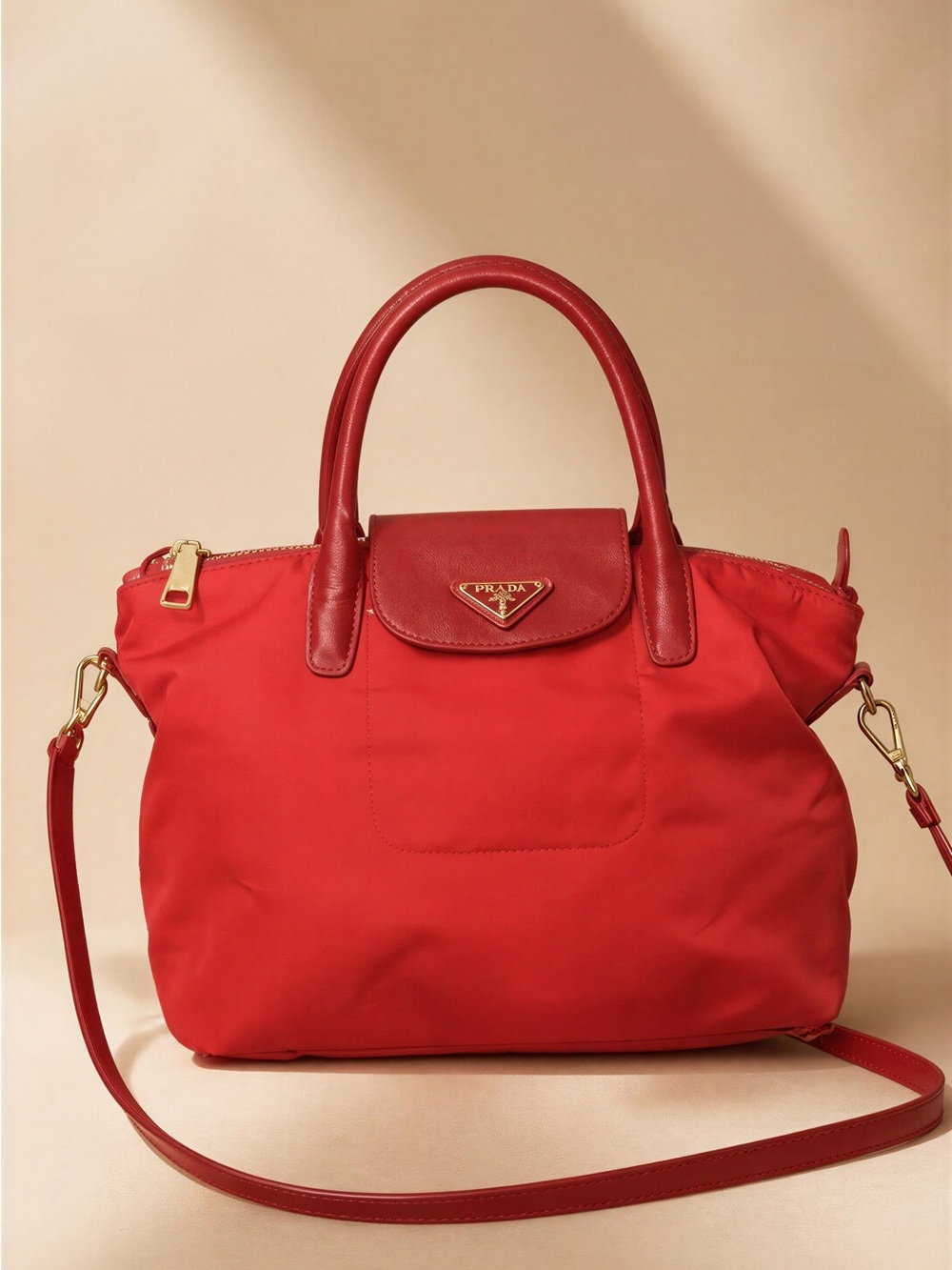 Prada Red Nylon Satchel with Leather Trim and Gold Hardware